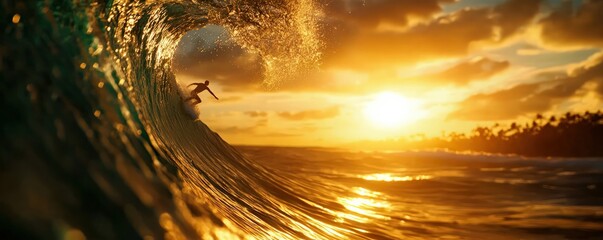 Surfer Riding a Majestic Wave During a Vibrant Sunset Over the Ocean