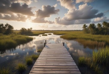 Spectacular view from a wooden boardwalk over the expansive wetlands of the Everglades, snakes, flora