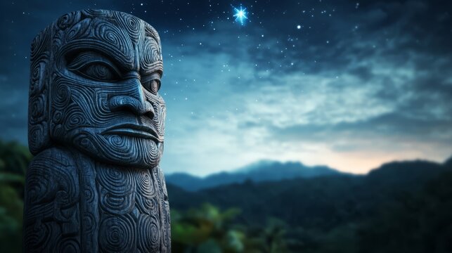 Traditional Maori carving overlooks valley at dusk with Matariki stars shining above