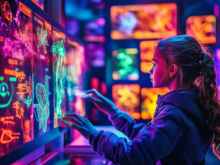 Obraz premium Neon Wonderland: Child Explores Interactive Digital Art
