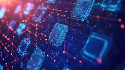 A futuristic cyber city with digital technology and information security. A 3D illustration of the big data concept, featuring neural networks, blockchain, and databases.