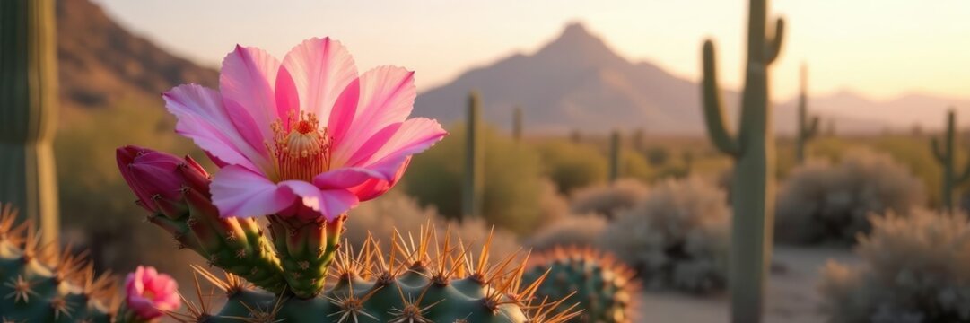 Soft pink cholla cactus flower blooms on a desert branch, Sonoran Desert, cactus, cholla