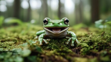 Obraz premium Smiling Green Tree Frog on Mossy Forest Floor