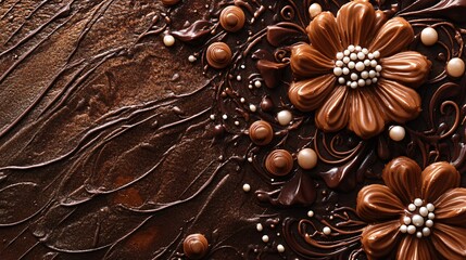 An artistic top-down view of a beautifully decorated chocolate cheesecake, with intricate chocolate piping and delicate edible pearls