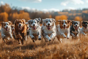 A group of dogs running happily together in an open field, tongues out and tails wagging, sunny day with blue sky, action shot. Pet day.