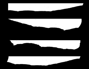 Black and white torn paper. A long horizontal set of torn pieces of paper isolated on a white background. Paper collage. Set of white torn or ripped paper strip.