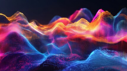 Abstract data visualization with vibrant colors, binary code, and dynamic graphs representing technology and finance.