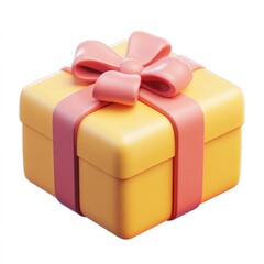 Yellow gift box with pink ribbon bow isolated on white background