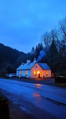 Cozy cottage at dusk, road, hills, twilight.  Rural escape, travel.