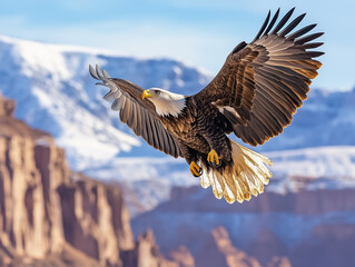 Obraz premium Majestic Eagle Soaring Over Snowy Peaks