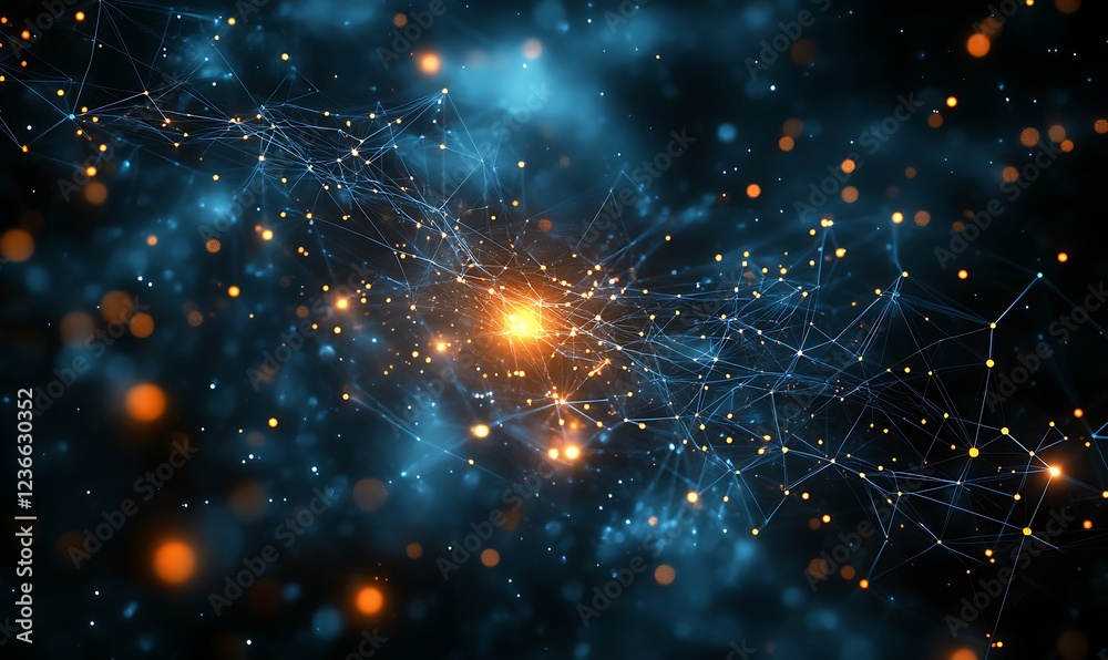 Poster abstract network connection with glowing particles in dark space.
