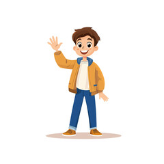A cheerful boy wearing a yellow jacket and waving, embodying friendliness and youthfulness.