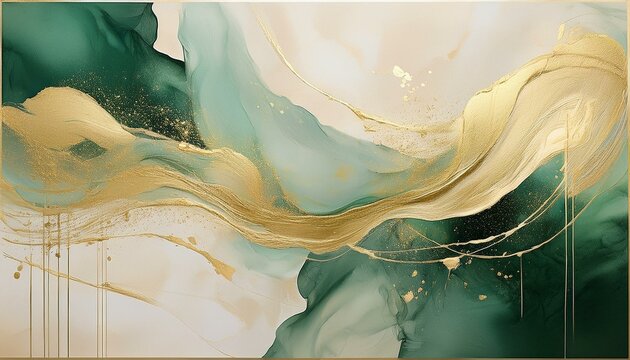 art wall painting beige and green neutral toned and golden splashes