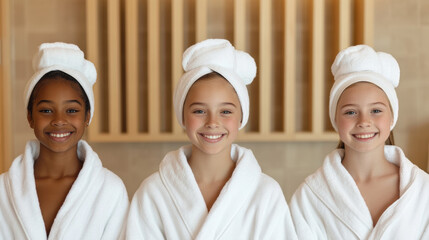 Three Girls in White Robes and Towels Smiling Happily in a Spa, Enjoying a Day of Relaxation and Pampering Together in a Serene Environment