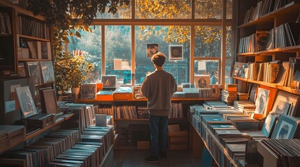 Vintage Record Store at Dusk with Warm Lighting and Lo Fi Aesthetic