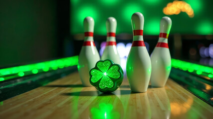 skittles and ball on a bowling alley lane with a glowing three-leaf clover icon, St. Patrick's Day green neon light, copy space