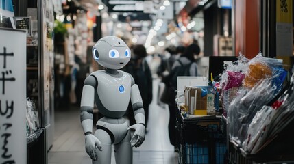 Friendly Robot Exploring a Bustling Market in Japan, blending technology with daily life
