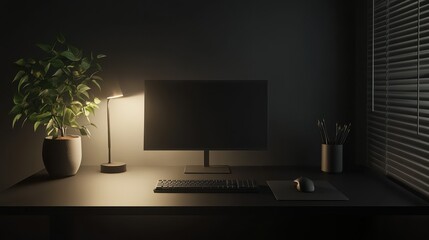 A minimalist black office desk with a computer, keyboard, mouse, lamp, and a plant on the side.