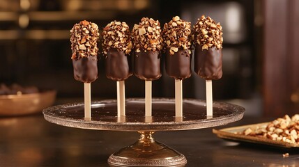 Gourmet chocolate cheesecake pops, dipped in dark chocolate and coated with crushed nuts, arranged elegantly on a dessert stand