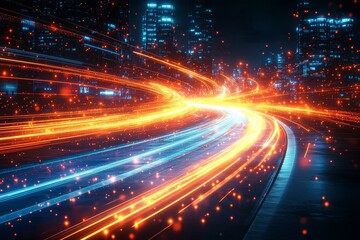 Fototapeta premium Abstract light speed background with blurred blue, orange, and red lines, symbolizing high-speed data transfer or futuristic transportation.