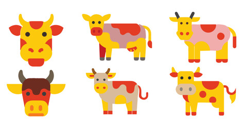 Cute cows icon colorful farm animals pink and yellow cow illustrations