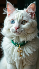 Portrait of a white green and blue cat with gold key, vertically, St. Patrick's Day