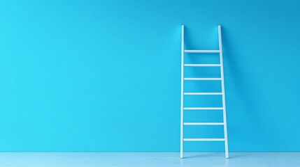 An Elegant Wooden Ladder Propped Against a Vibrant Blue Wall Creating a Striking Contrast and Evoking a Sense of Depth and Perspective in a Minimalist Artistic Interior Setting
