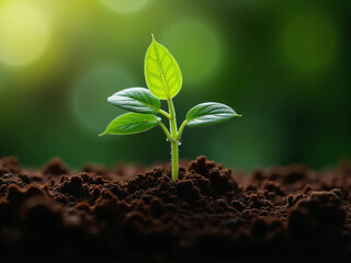 Naklejka premium Young Green Plant Sprouting from Dark Soil with White Flower on Top, Illuminated by Sunlight – Fresh Seedling with Vibrant Leaves in Natural Environment, Symbolizing Growth, Renewal, and Vitality