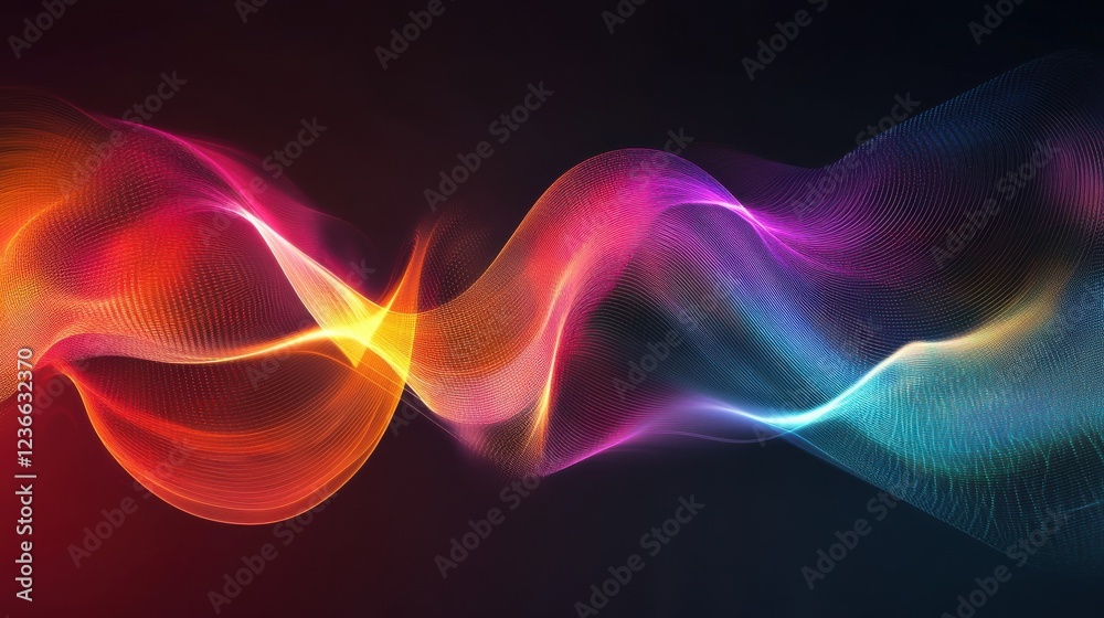 Poster abstract digital data visualization with glowing lines and graphs.