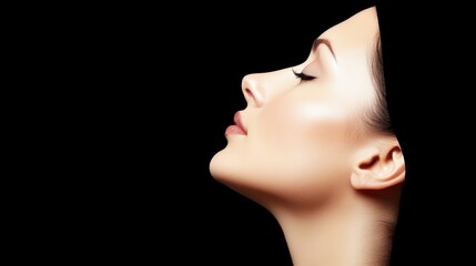 Fototapeta premium Profile of caucasian female with smooth skin against black background