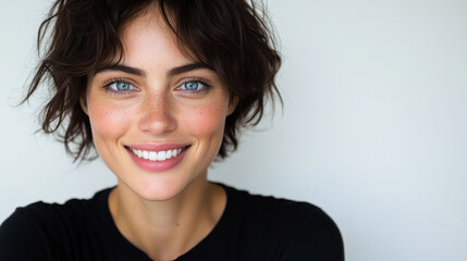 Fototapeta premium Bright Smile and Expressive Eyes of a Young Woman Against a Neutral Background Captured in a Joyful Moment, Showcasing Natural Beauty and Confidence