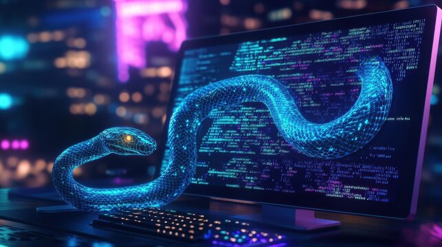 A computer screen displaying python code with a digital snake, symbolizing python programming for data engineering