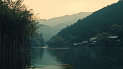 Serene Lakeside Village nestled in Mountains