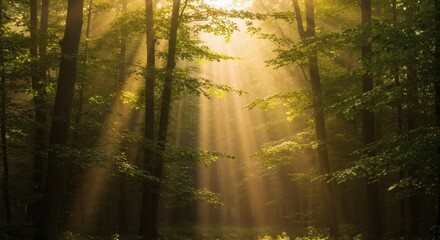Obraz premium Sunbeams Through Forest Trees Peaceful Nature Photography