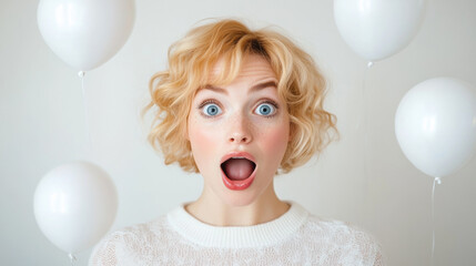 Excited Woman With Curly Blonde Hair Expresses Surprise Surrounded by White Balloons in a Bright Indoor Setting