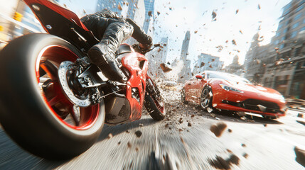 Thrilling Motorcycle Chase Through a Bustling City Street With Flying Debris and Vibrant Vehicles