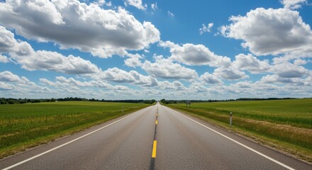 Scenic Open Road Summer Landscape with Blue Sky and Clouds
