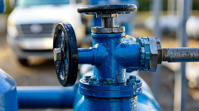 Water pipes and pressure control industrial system. Blue closing valve on water pump station. Gray Pipeline with tanks for supply of high-pressure aqua. Big Valve in a steam heating system. Plumbing