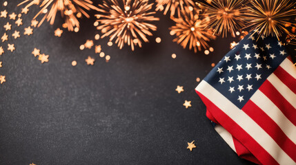 American Flag With Vibrant Fireworks and Celebratory Decorations on a Dark Background