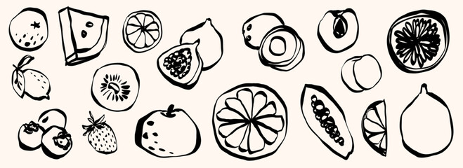 Hand Drawn Fruits Doodle Cute Tropical Fruit Fresh and Healthy Meal Breakfast, Citrus, Kiwi, Pineapple, Smoothie, Salad, Fruit Vector Illustration