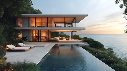 Modern cliffside house with infinity pool, sunset view.