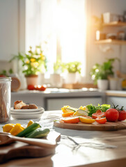 A delightful lunch in a bright kitchen, surrounded by fresh and colorful vegetables. 