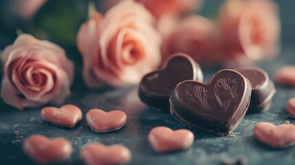 Obraz premium Romantic Chocolate Hearts Surrounded by Soft Pink Roses on a Rustic Surface Ideal for Celebrating Love, Valentine's Day, Anniversaries, or Special Occasions