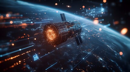 Satellite Orbiting Earth with Digital Connections and Signals Enabling Space and Communication Systems