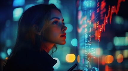 Side view of attractive young european woman using device on blurry night city background with forex chart. Technology and finance concept. Double exposure.