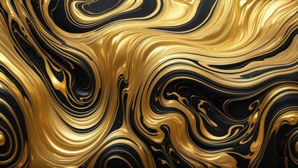 Black and Gold Abstract Fluid Marble Background with Glossy Metallic Swirls