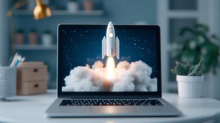 Rocket Launching From a Laptop Screen With Smoke and Sparks in a Modern Workspace