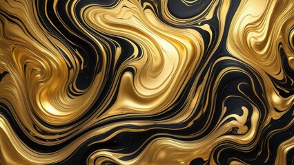 Black and Gold Abstract Fluid Marble Background with Glossy Metallic Swirls