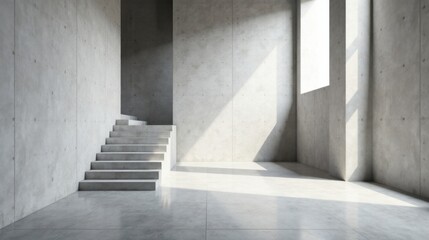 Obraz premium A Minimalist Concrete Interior with Sunlight Streaming Through Windows and a Modern Staircase