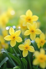 Spring Awakening Dew-Kissed Yellow Daffodils Bask in Golden Sunlight, Bokeh Green Grass